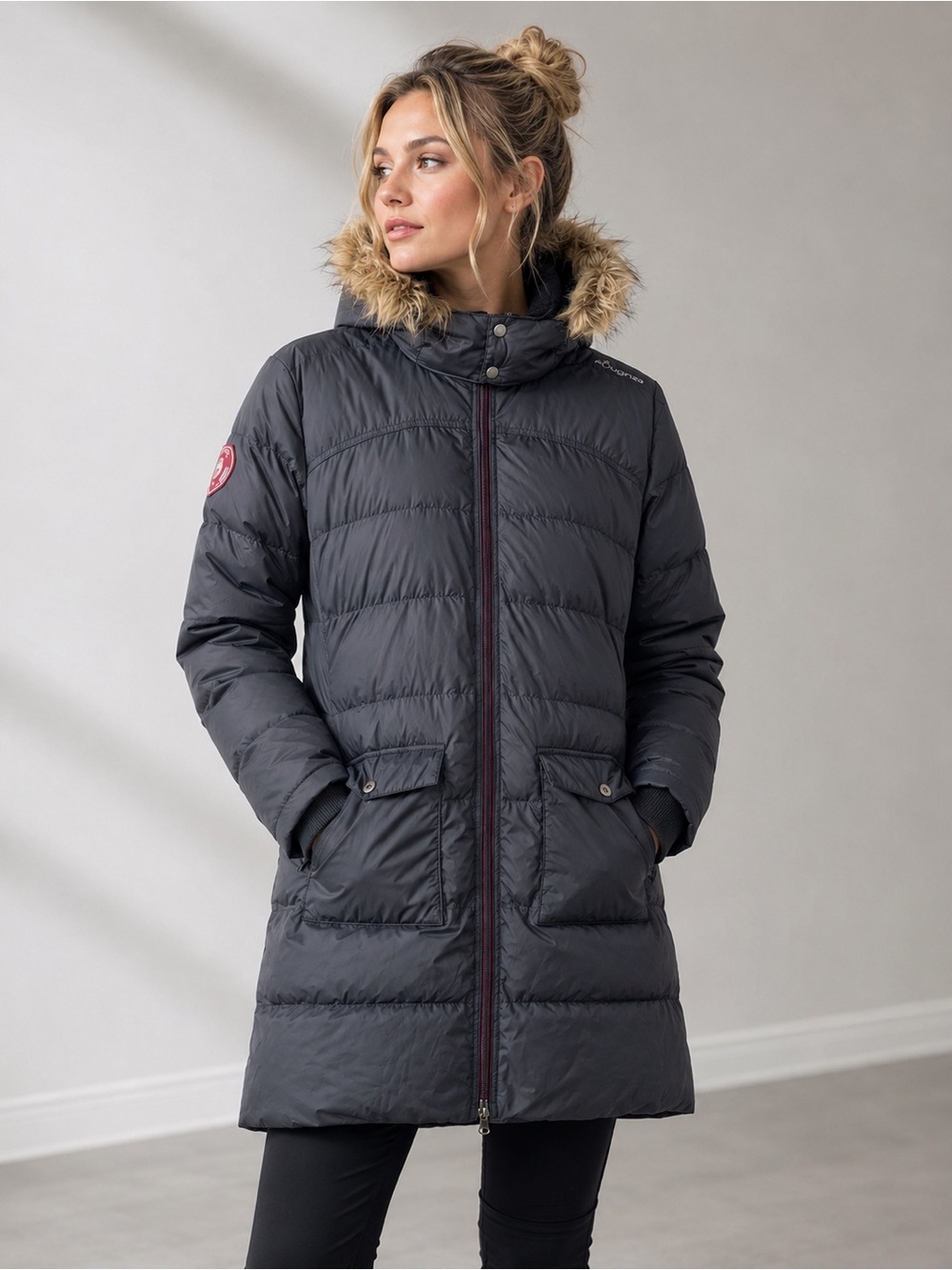 Fouganza‎ Hooded Longline Puffer Winter Coat Faux Fur Trim XS